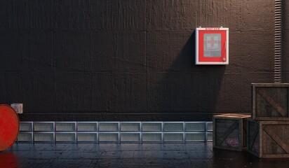 Wall mounted medicine cabinet, first aid kit hanging on white brick wall in industrial factory, 3D illustration.