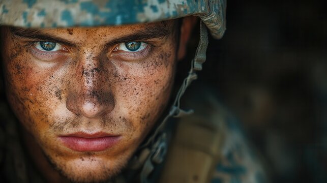 A determined young soldier stares intensely at the camera, his face marked with dirt and grime from extensive training in the field. The focus in his blue eyes reflects commitment and strength in chal