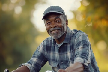 Obraz premium A senior adult rides a bicycle through a peaceful park