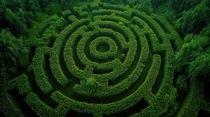 Naklejka premium This image showcases a circular hedge maze in lush greenery, representing the concept of mystery and challenge, with nature embracing each path and turn.