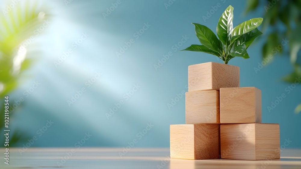 Aufkleber Wooden  Thank You  blocks artfully arranged on a tranquil blue backdrop featuring a clean and minimal composition with soft natural shadows  This image has a Nordic design influence and a calming