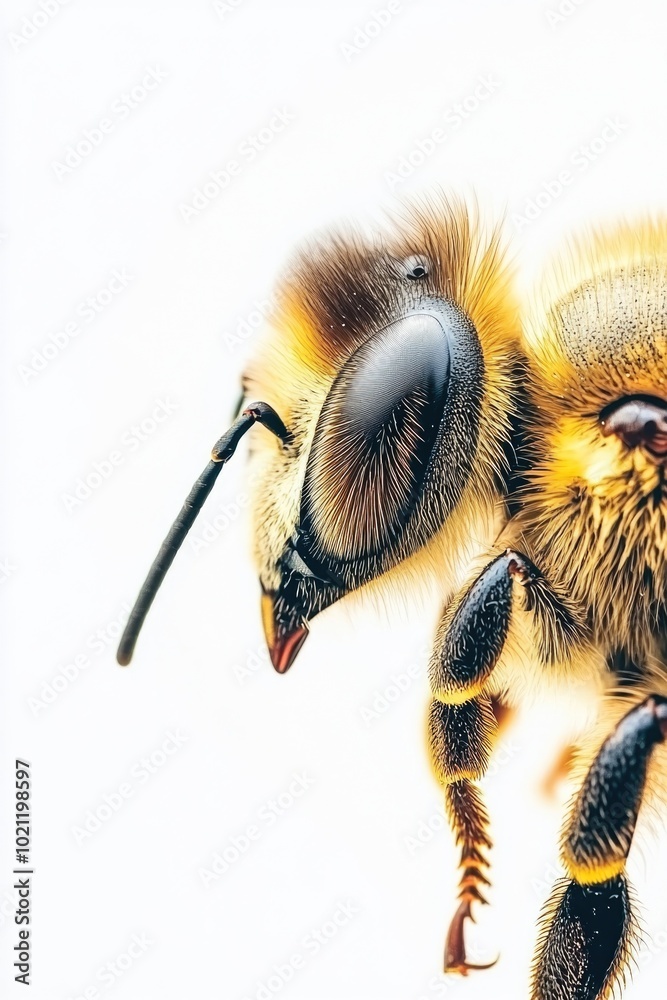 Poster a close-up view of a bee sitting on a white surface