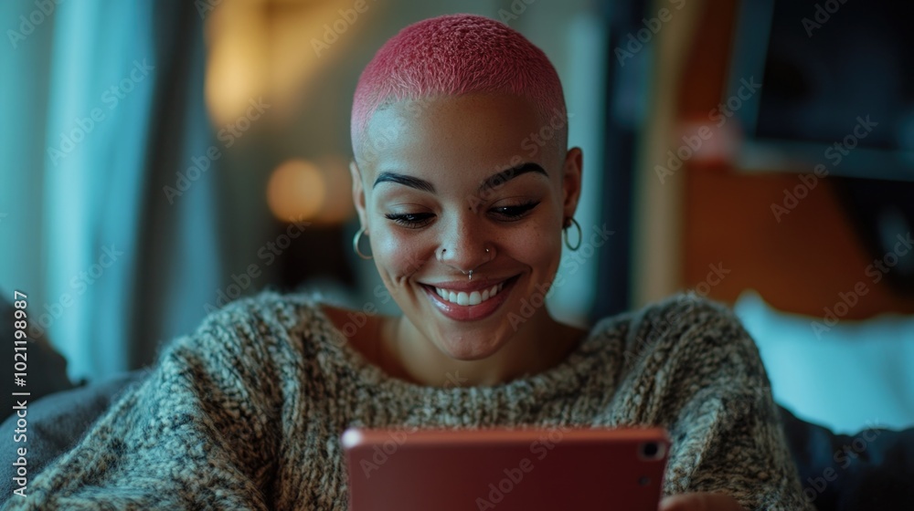 Poster a woman sits on a couch with a tablet computer, ready for use