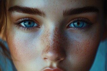 Fototapeta premium Close-up portrait of a woman with distinctive freckles, ideal for beauty or lifestyle themes
