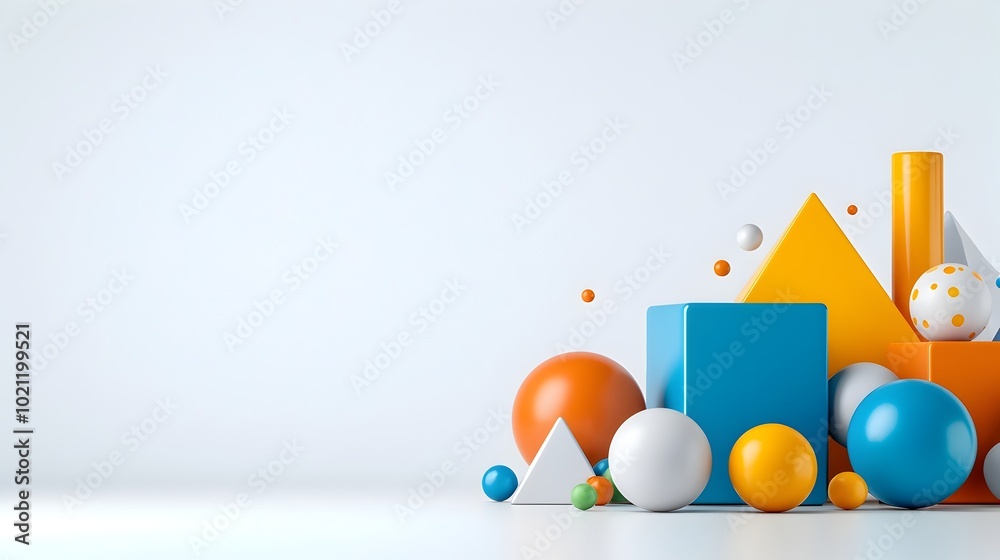 Aufkleber Assortment of Vibrant 3D Geometric Learning Aids Including Cube Sphere Pyramid and Cylinder Arranged on Clean White Background with Crisp Lighting and Minimalist Design