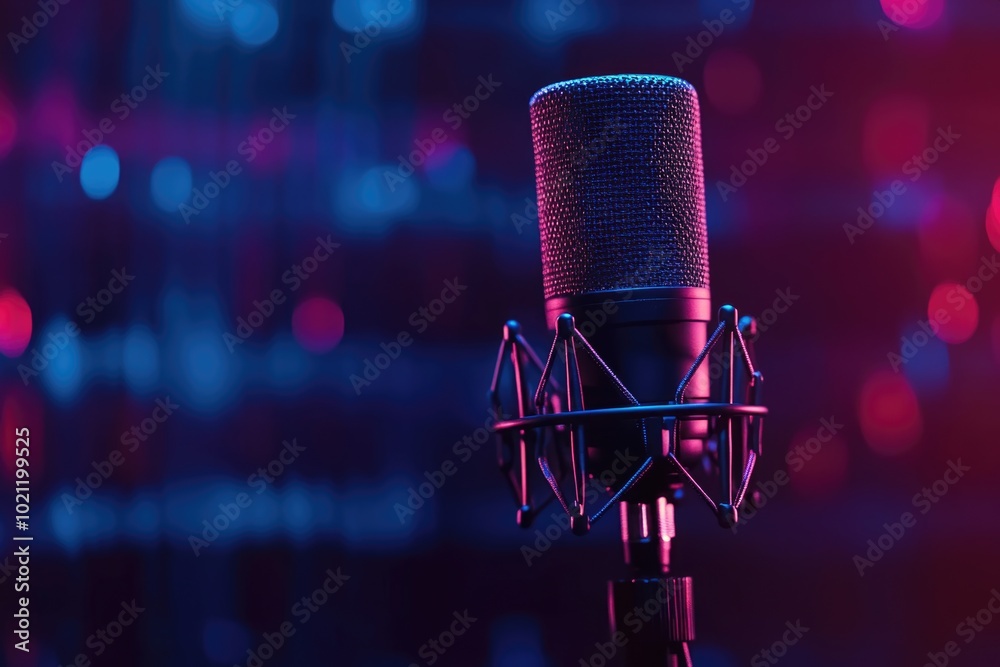 Poster A close-up of a microphone with a bright red light in the background, ideal for use as an icon or symbol in design and media