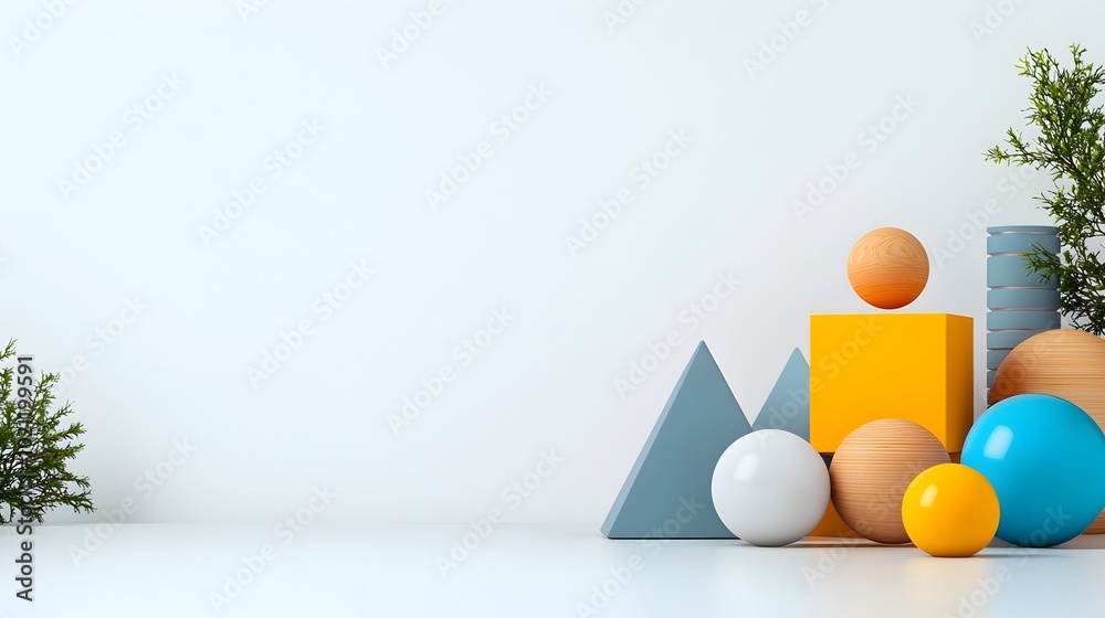 Aufkleber Assortment of Colorful 3D Geometric Shapes including Cube Sphere Pyramid and Cylinder Arranged on a Plain White Background with Crisp Lighting Suitable for Educational Infographics and Presentations
