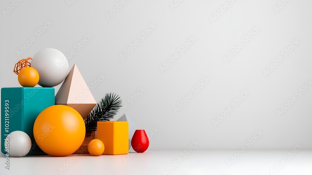 Aufkleber Assortment of 3D Geometric Learning Aids Including Cube Sphere Pyramid and Cylinder Arranged on a Plain White Background with Crisp Lighting and Clean Design