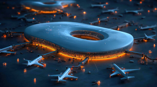 futuristic airport terminal with unique design, illuminated at night