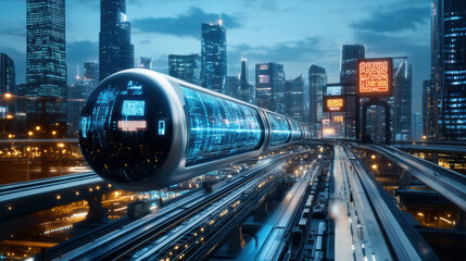 Fototapeta premium Futuristic city skyline with floating monorails and neon lights