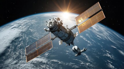 Space station orbiting Earth with a spacecraft approaching, illuminated by sunrise.