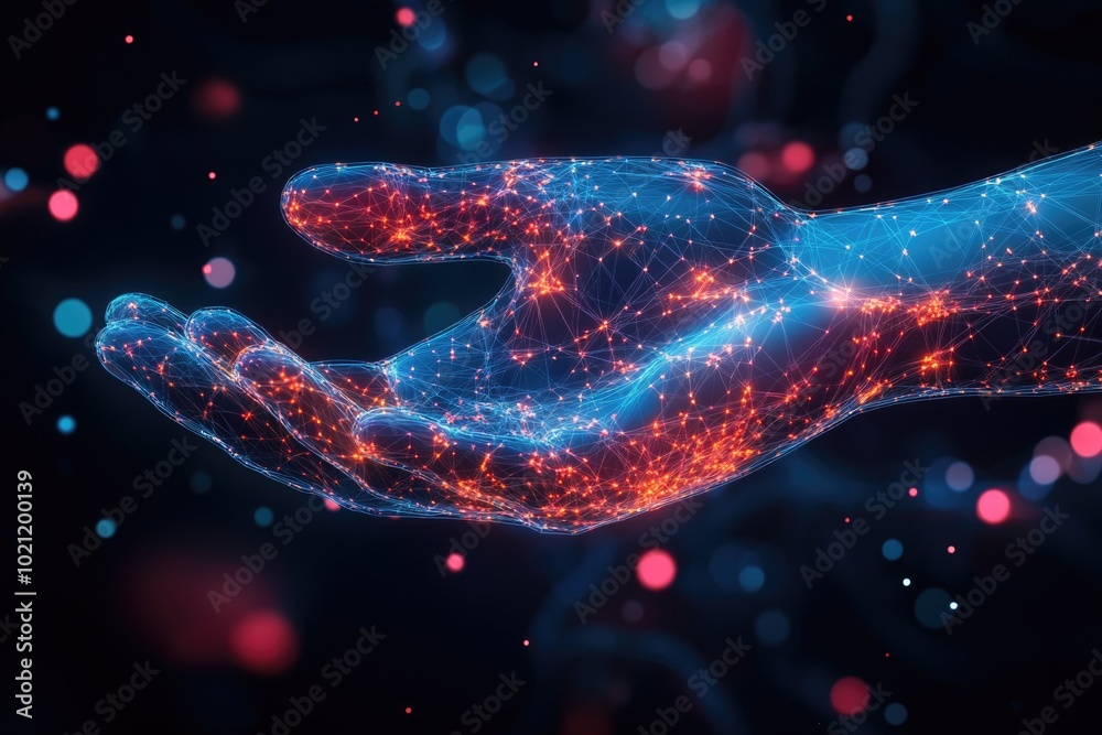 Aufkleber a hand with glowing blue and red dots, suitable for use in futuristic or sci-fi concepts