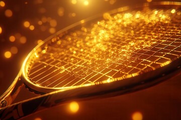 A striking close-up showcases a tennis racket with a glittering string grid, bathed in warm, golden light. This artistic shot captures the essence of competition, focusing on the details that enhance 