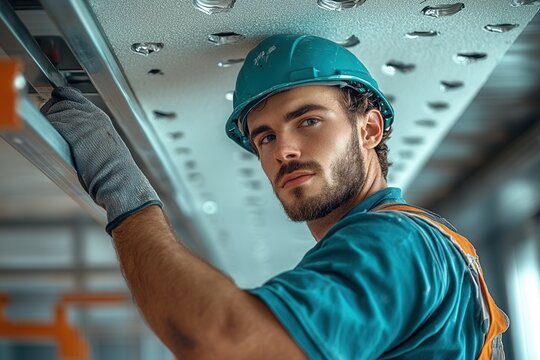 A young male construction worker is focused on his task while wearing a safety helmet and gloves. He is working on a structural element in a building, showcasing dedication and skill in a construction