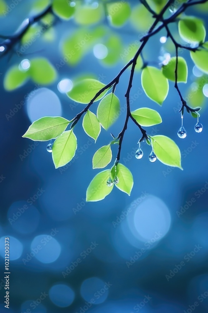 Poster a close-up of a tree branch with water droplets hanging from it, great for backgrounds or texture im