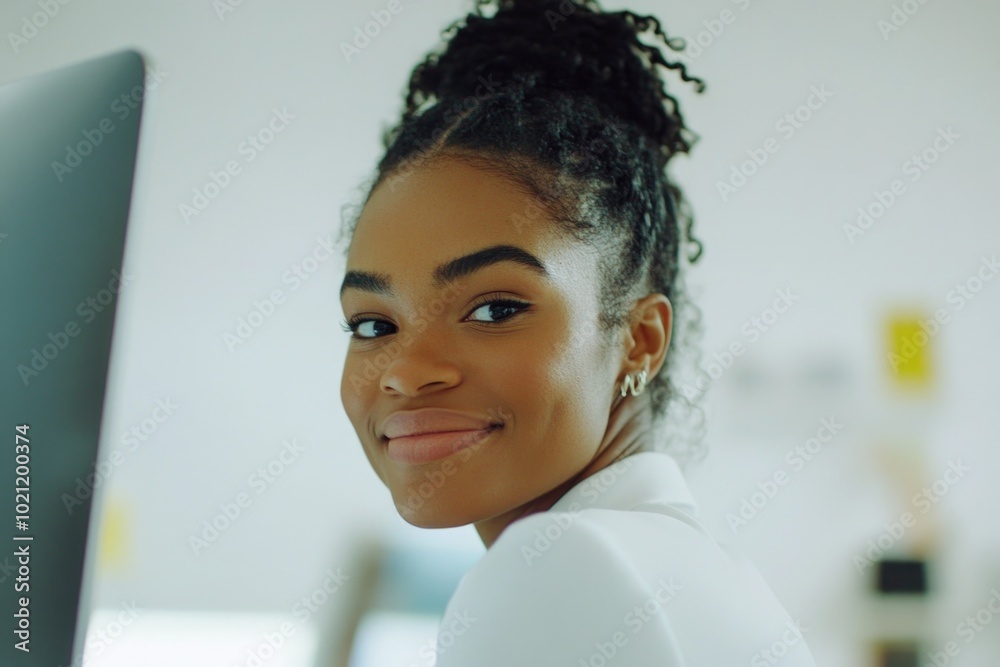 Aufkleber a happy woman looks directly at the viewer with a warm smile, suitable for use in personal or profes
