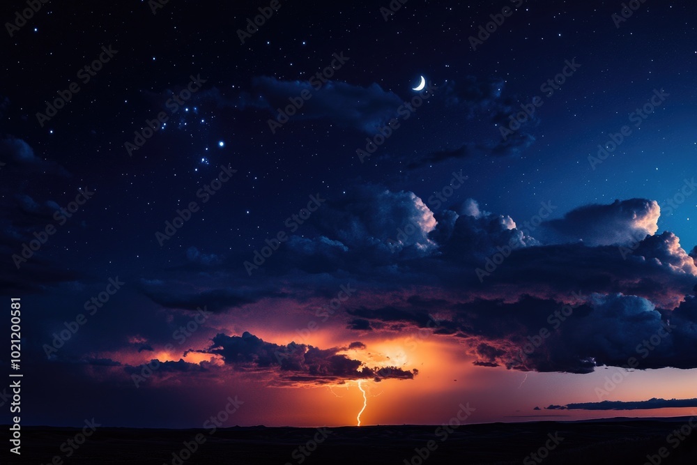 Poster A dark sky with clouds and lightning in the distance, perfect for use in weather or atmosphere-themed projects