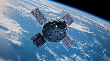 Fototapeta premium Satellite orbiting Earth captures stunning view of the planet's atmosphere and clouds.
