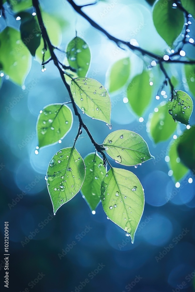 Poster A close-up shot of a tree branch with water droplets glistening in the light