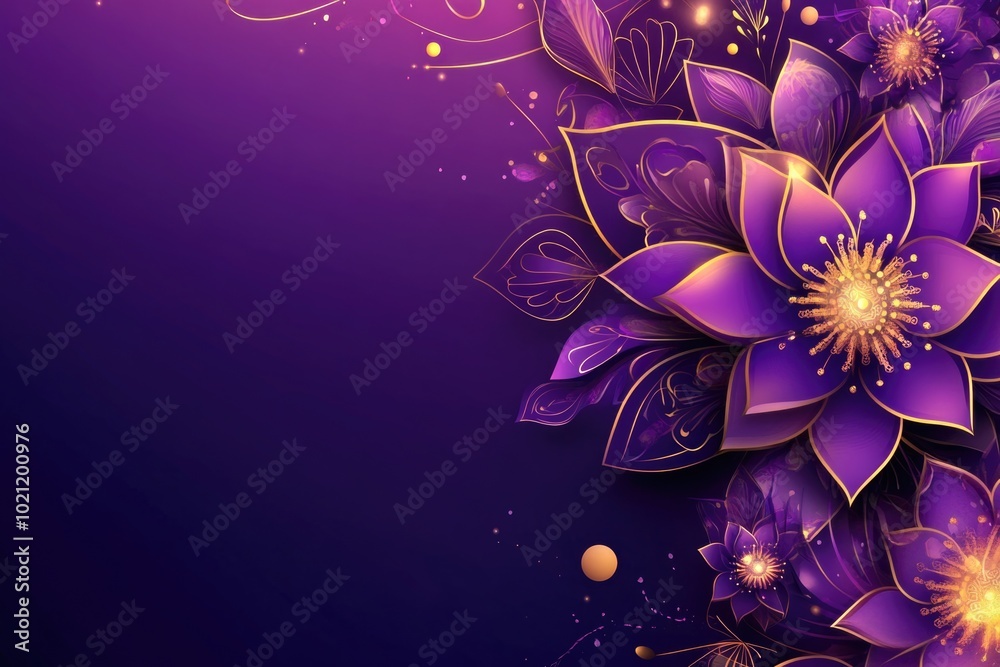 Poster a beautiful floral design with a deep purple and golden hue, perfect for adding a touch of elegance 