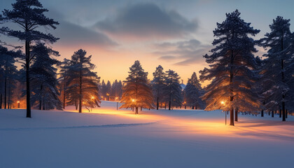 Frosty Morning with Snowy Trees at Sunrise. Winter Landscape at Dawn with Frosty Trees. Snowy Forest at Sunrise in Winter.