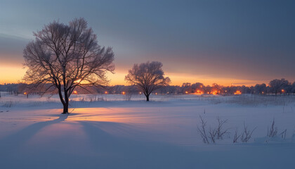 Frosty Morning with Snowy Trees at Sunrise. Winter Landscape at Dawn with Frosty Trees. Snowy Forest at Sunrise in Winter.