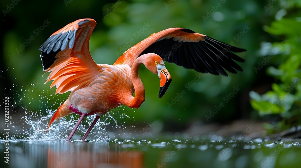 Wall mural Majestic Flamingo Bursting from the Still Waters of a Secluded Lake Its Expansive Wings Outstretched in a Captivating Display of Motion