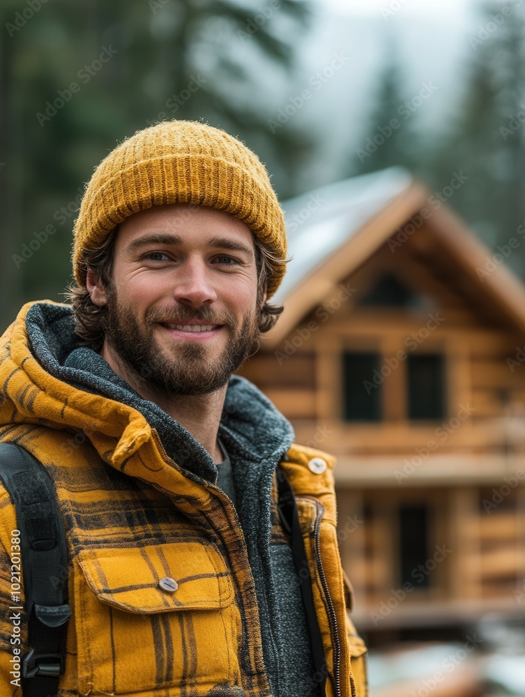 Wall mural a smiling man in a yellow beanie and plaid jacket poses in front of a log cabin nestled in a lush fo