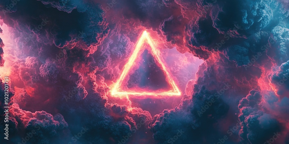 Poster a triangle shapes clouds in the blue sky with white puffy clouds