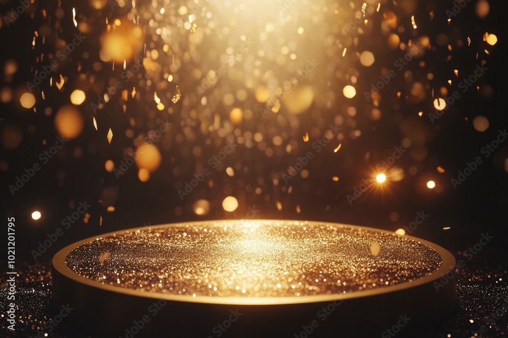 Poster A shiny gold plate on a dark background with some lights visible, suitable for use as a decorative element or symbolizing luxury and sophistication