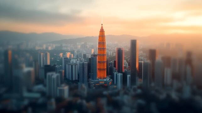 Aerial shot of the stunning skyline of Kuala Lumpur Malaysia featuring a captivating display of glowing neon gridlines against a backdrop of towering skyscrapers