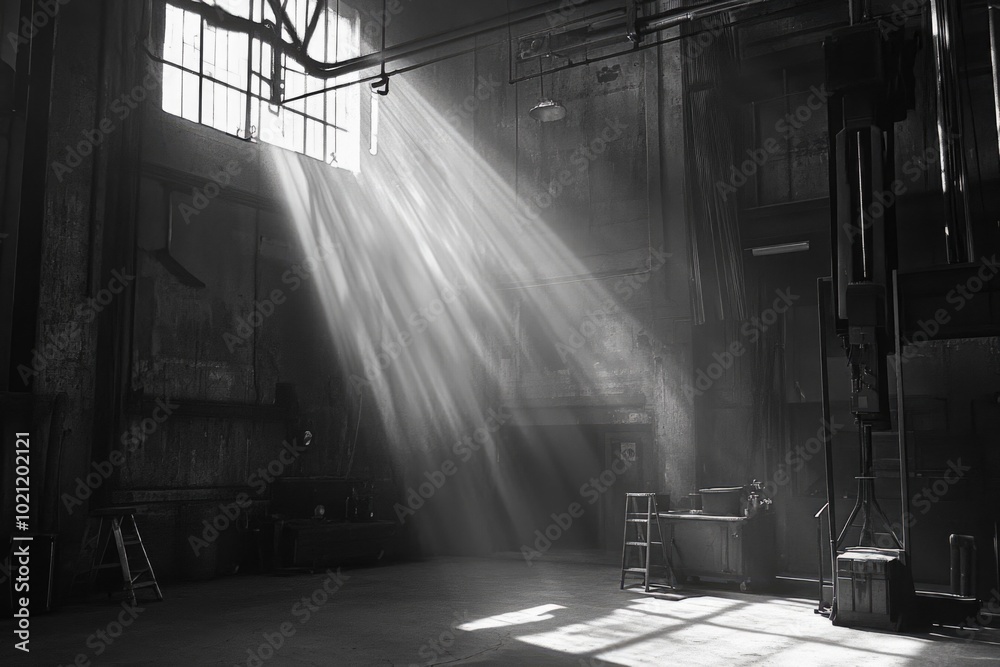 Poster a black and white photo of sunlight shining through a window, suitable for use in interior design or