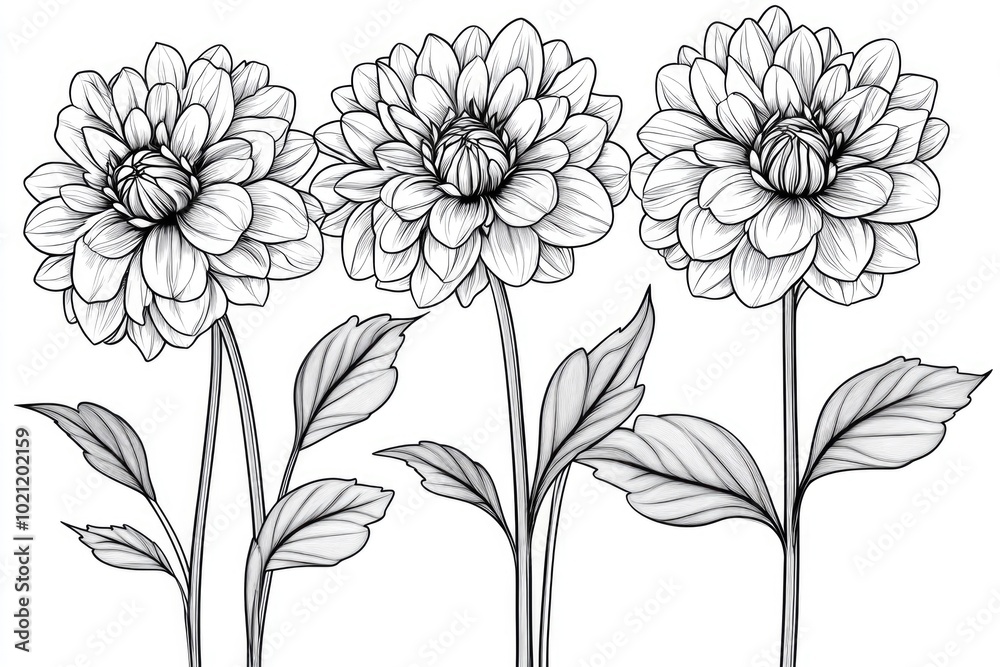 Poster Close-up of three black and white flowers with green leaves, isolated on a neutral background