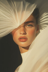 Fashion magazine concept. Close-up arty portrait of beautiful female model wearing white dress, posing on black background. Haute couture style. Classic retro, vintage. Studio shot