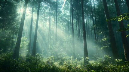 Fototapeta premium 清晨阳光透过绿色茂密的森林