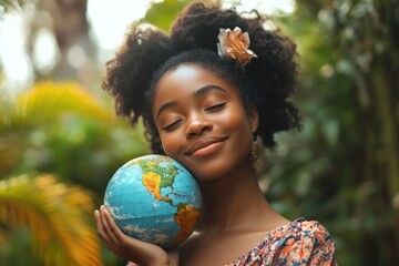 Fototapeta premium A woman holds a globe in her hands, symbolizing exploration and adventure