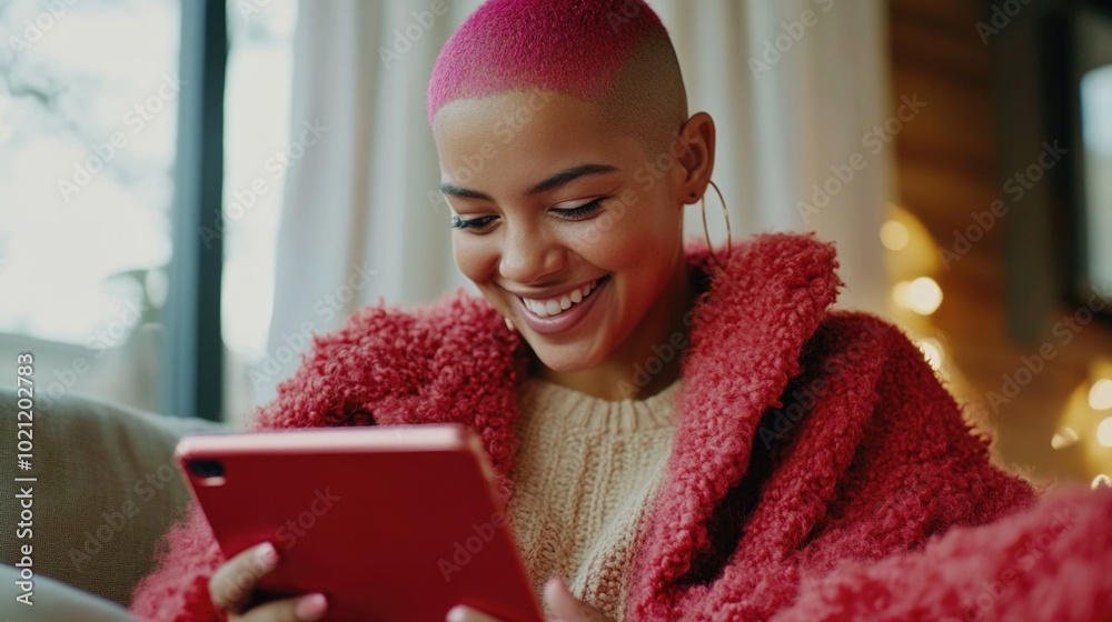 Poster a person sits on a couch using a tablet device