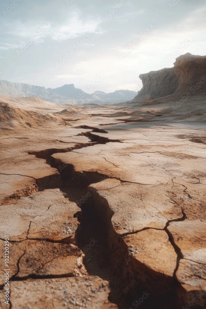 Aufkleber A crack in the desert floor with sand and rocks surrounding it, suitable for use as a background or to illustrate a story about isolation or adventure