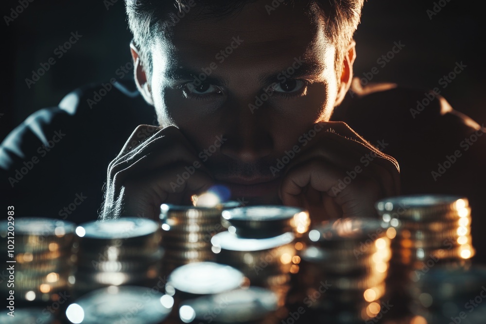 Leinwandbilder a person looking at stacks of coins on a flat surface, possibly counting or evaluating their value
