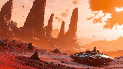 Futuristic spacecraft explores a barren alien landscape with towering rock formations under an orange sky.