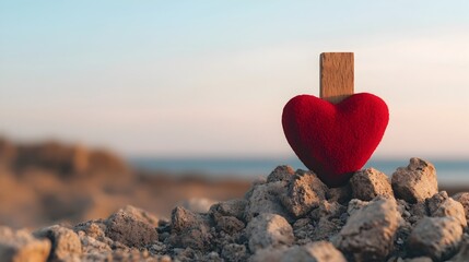 Fototapeta premium Gravel path bathed in warm morning sunlight a crimson heart and wooden cross symbolizing faith with a tranquil beach and ocean as the backdrop Cinematic high contrast spiritual