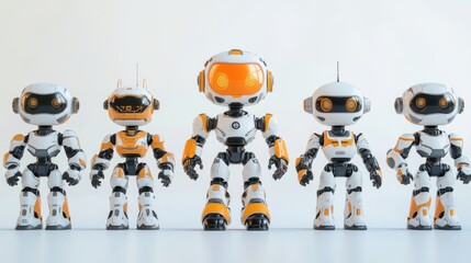 Fototapeta premium A group of toy robots stand together, colorful and playful