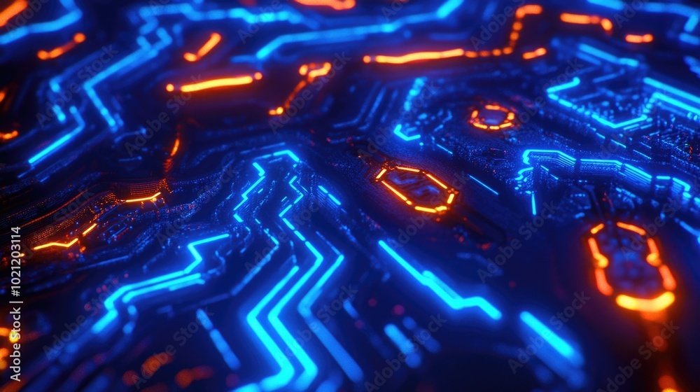 Poster A close-up view of a circuit board illuminated by neon lights