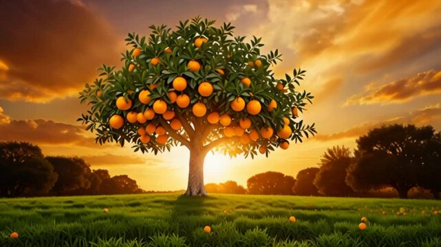 Ripe oranges hanging trees sunrise or sunset