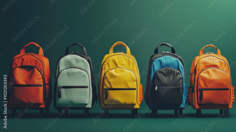 Poster A row of backpacks on a green surface, great for travel or outdoor themes