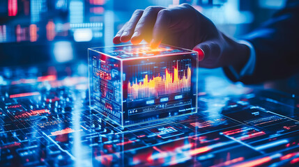 Close-up of hand interacting with futuristic digital cube displaying vibrant financial data and analytics, symbolizing advanced technology and data-driven decision-makinghigh-tech atmosphere