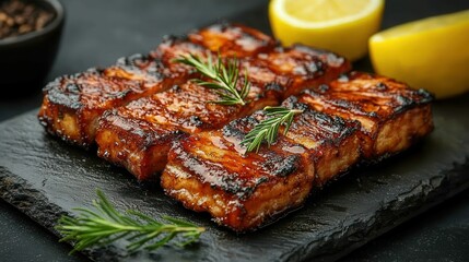 Deliciously grilled salmon fillets are arranged on a dark slate plate, garnished with fresh lemon wedges and sprigs of rosemary. The vibrant colors and textures showcase a perfect outdoor dining exper