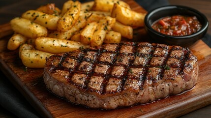 A perfectly grilled steak rests on a wooden board beside a generous serving of crispy potato wedges. A small bowl of savory dipping sauce adds a flavorful touch to this appetizing meal, perfect for lu