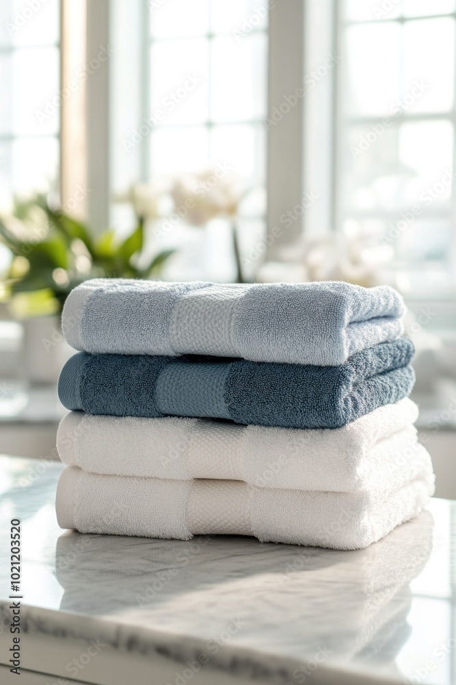 Poster stack of towels sitting on a countertop
