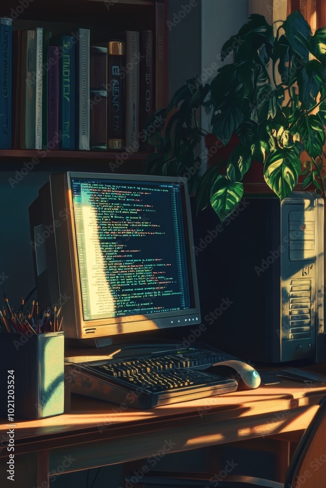 Poster a computer monitor placed on a wooden desk